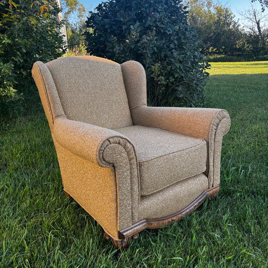 Antique Wingback Chair with Organic Bouclé Upholstery 1