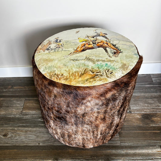 Charlie Russell Print Cowhide Ottoman Side