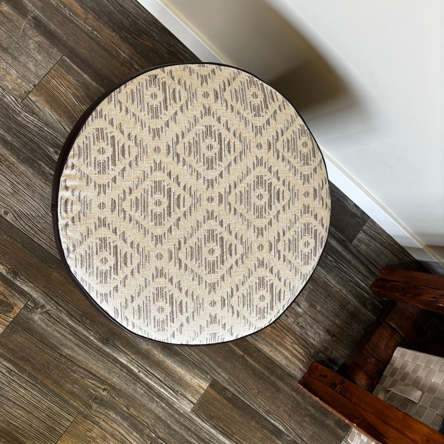 Faux Leather & Aztec Print Round Ottoman – 19" x 17.25" – Made in Canada