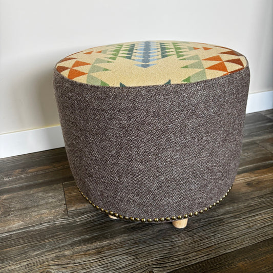 Pendleton® Opal Springs ottoman with Organic brown wool fabric nailhead detail and light wood legs Side