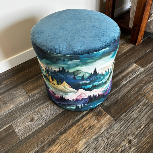 The Mountains Are Calling – One-of-a-Kind Round Ottoman with Velvet Top