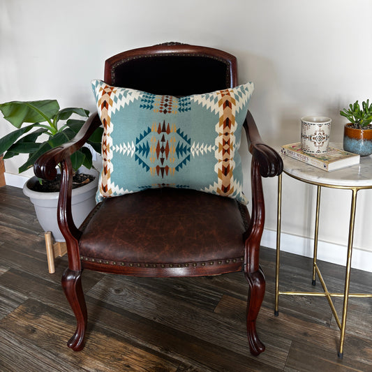 Throw Pillow made with Pendleton® Rancho Arryo Aqua Wool and Leather Front