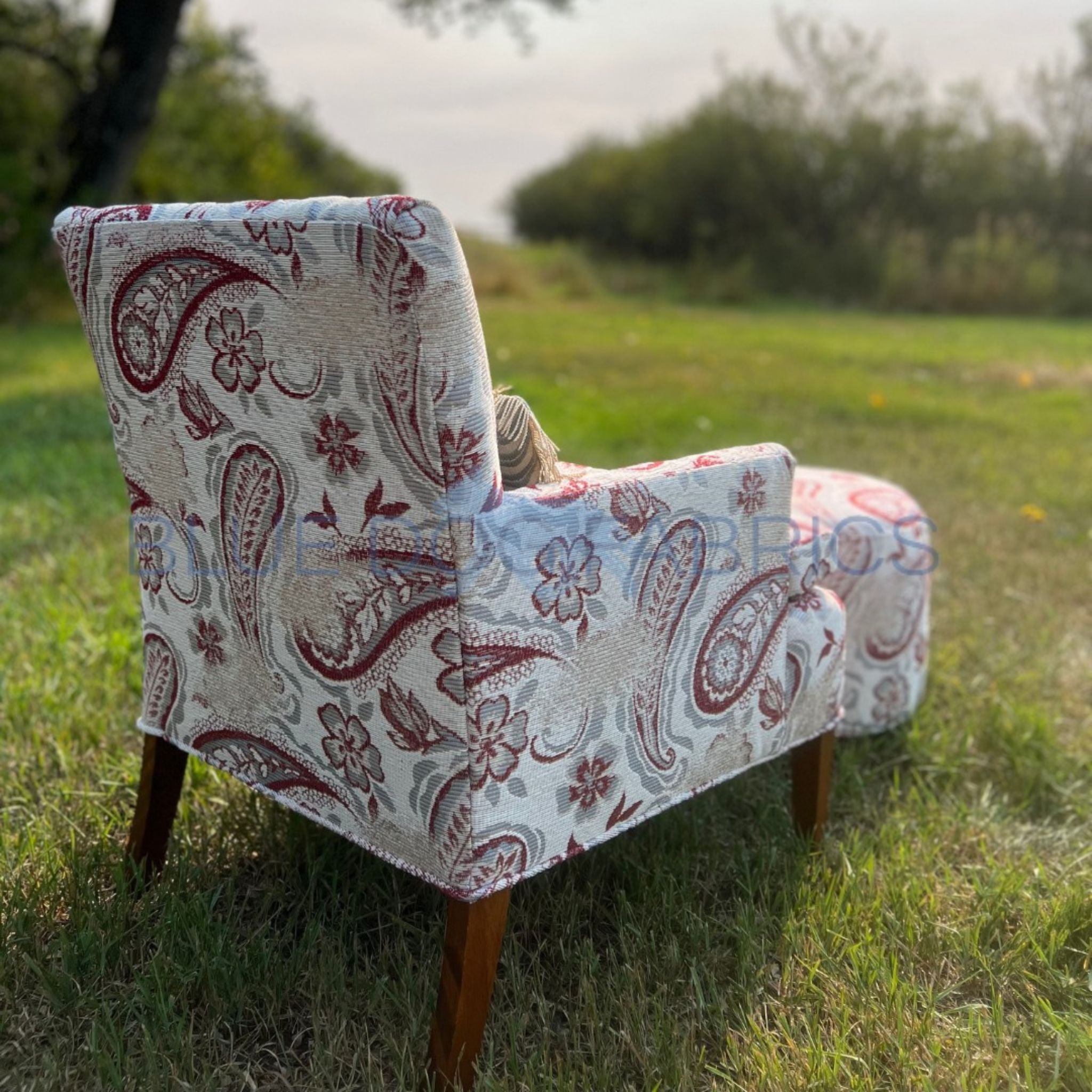 A past piece from blue dog fabric designs, paisley fabric print chair