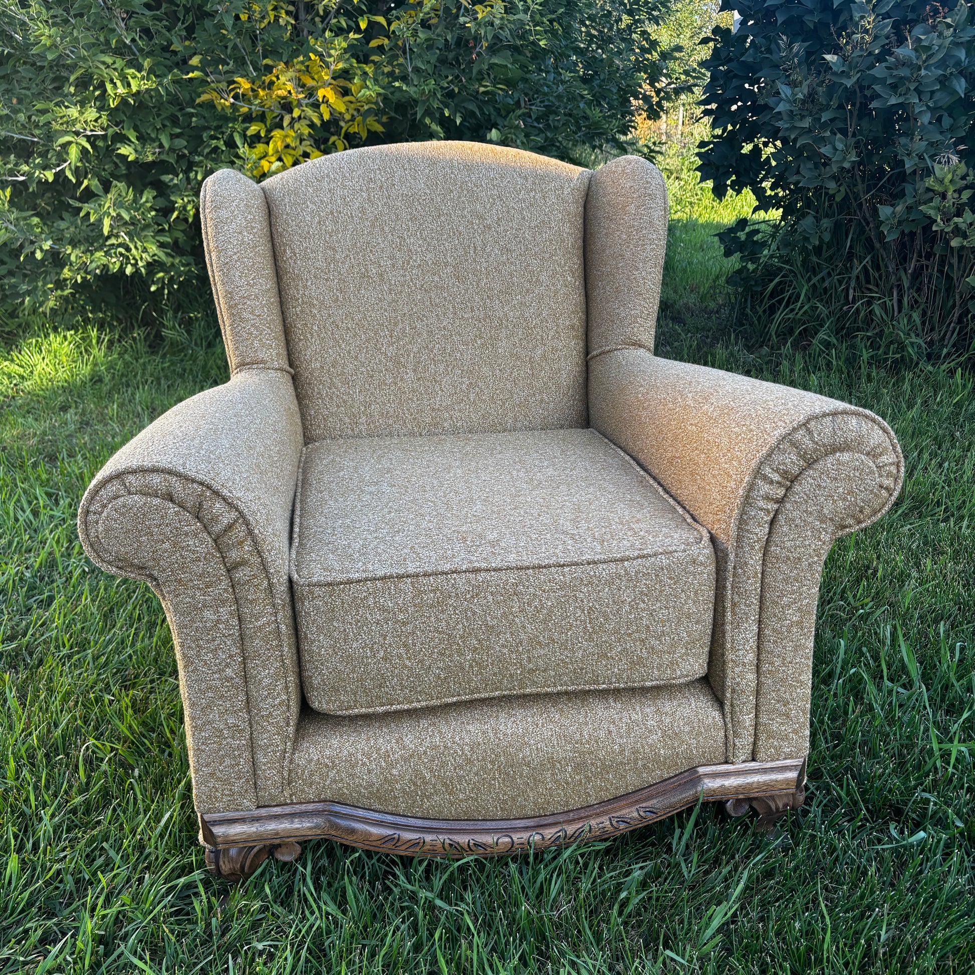 Antique Wingback Chair with Organic Bouclé Upholstery