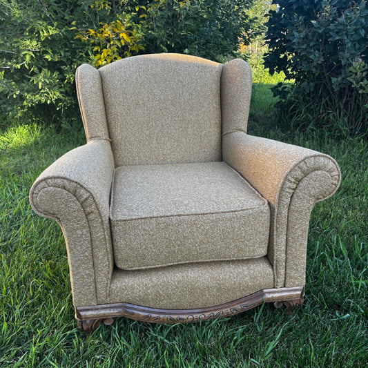 Antique Wingback Chair with Organic Bouclé Upholstery