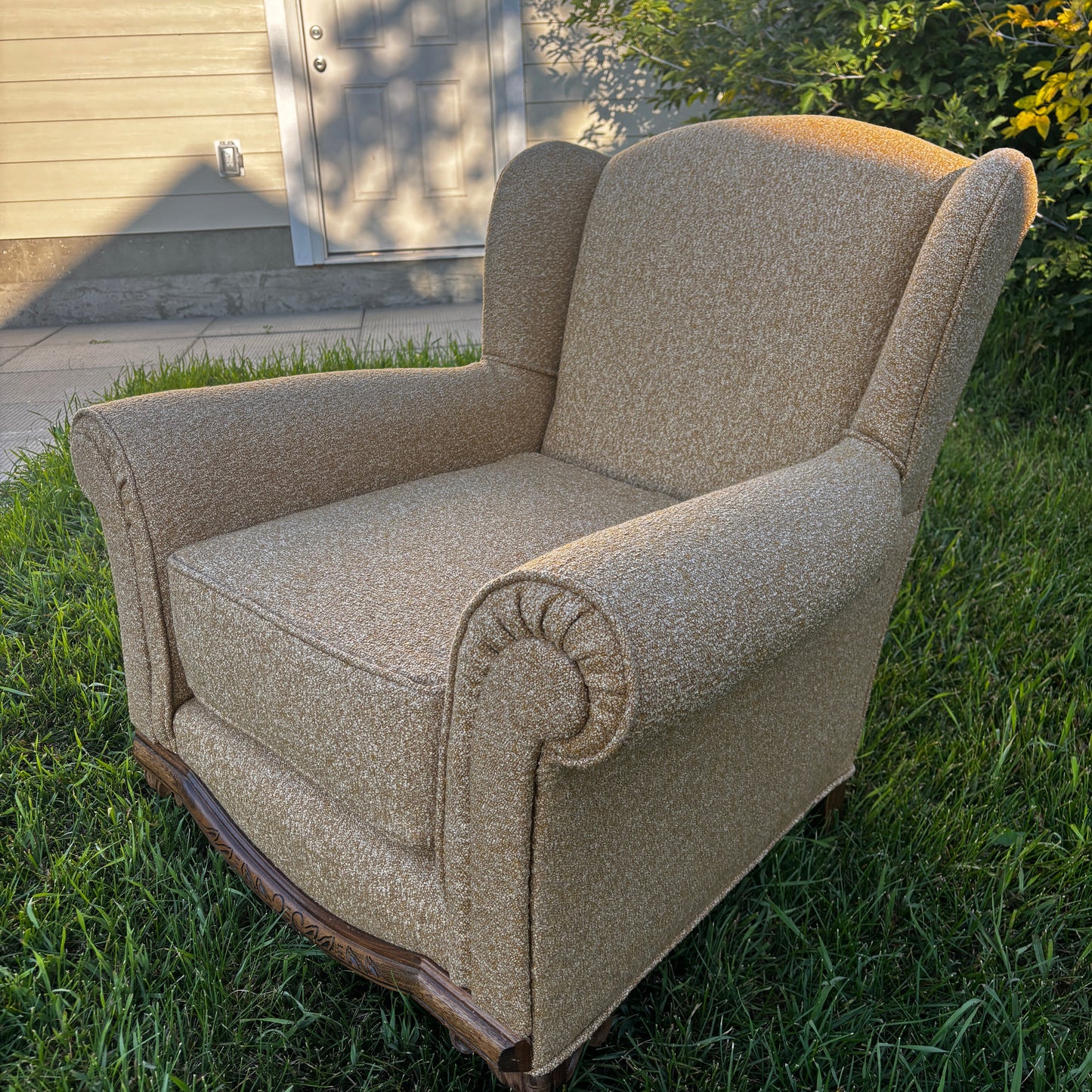 Antique Wingback Chair with Organic Bouclé Upholstery 4