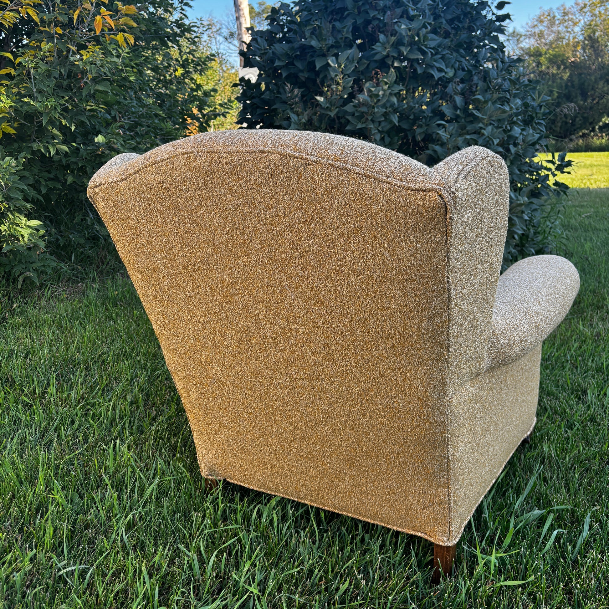 Antique Wingback Chair with Organic Bouclé Upholstery Back