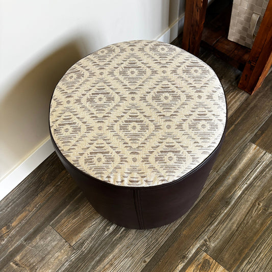 Faux Leather & Aztec Print Round Ottoman – 19" x 17.25" – Made in Canada