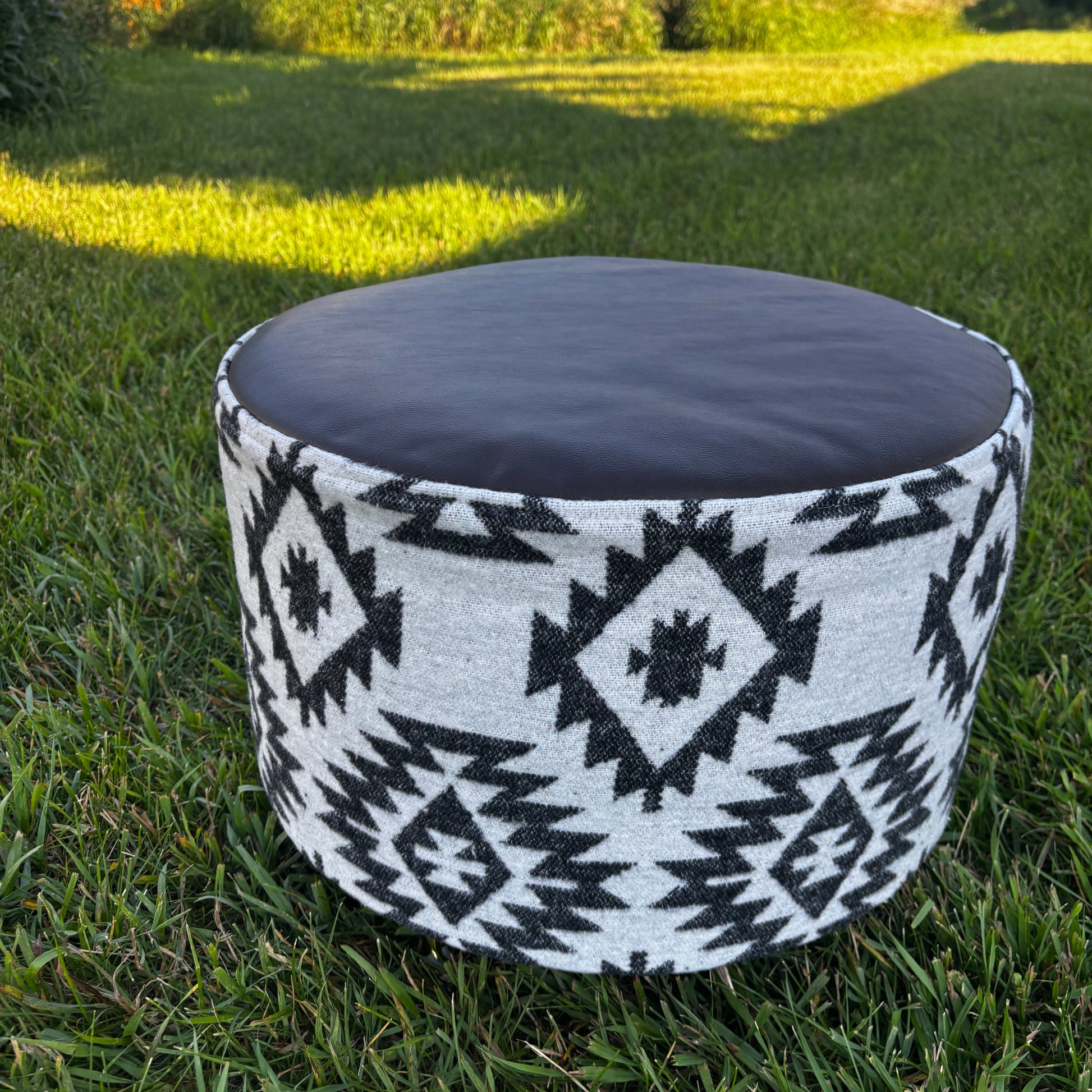 Handmade Aztec Fabric Ottoman – Faux Leather Top 6