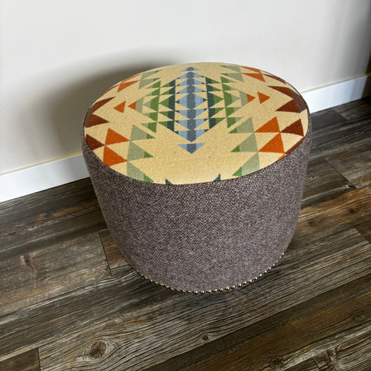 Pendleton® Opal Springs ottoman with Organic brown wool fabric nailhead detail and light wood legs