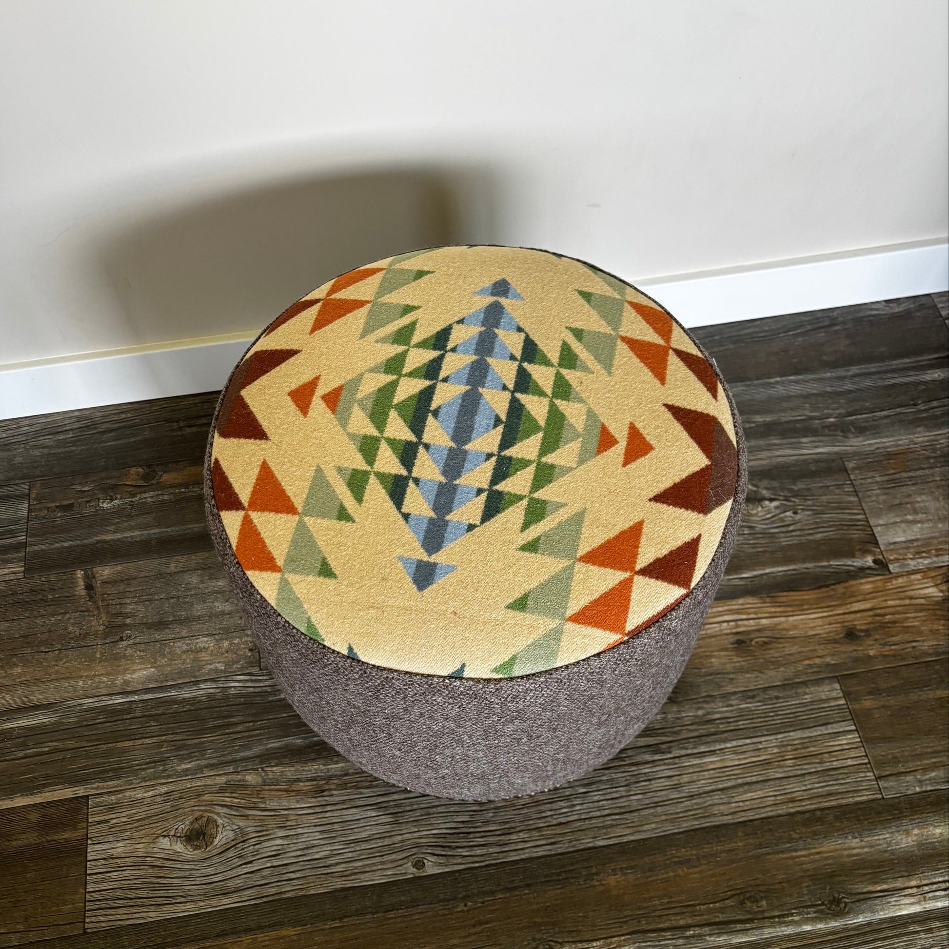 Pendleton® Opal Springs ottoman with Organic brown wool fabric nailhead detail and light wood legs top