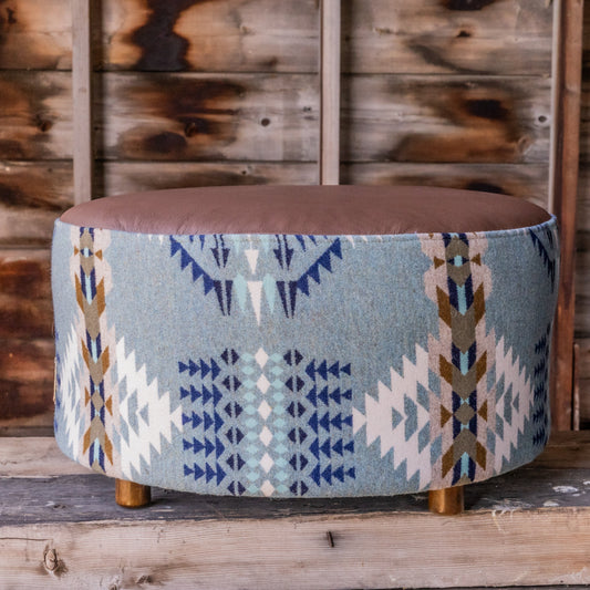 Pendleton® Rancho Arroyo Shale Ottoman with Full Grain Leather & Wooden Legs – Made in Canada