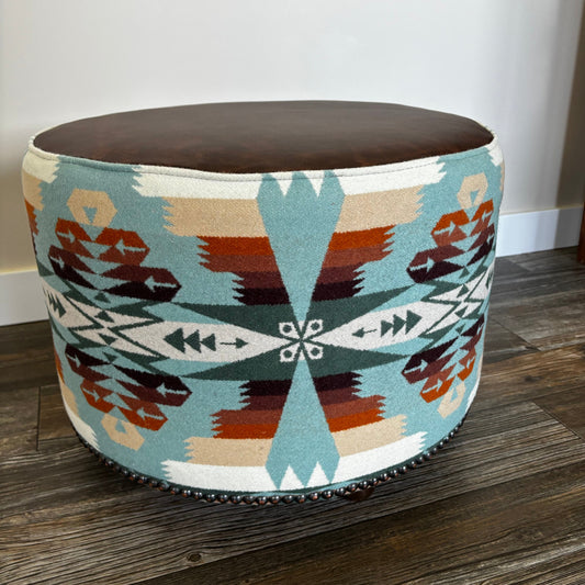 Pendleton® Tucson Aqua Ottoman with Full Grain Leather &amp; Wooden Legs 