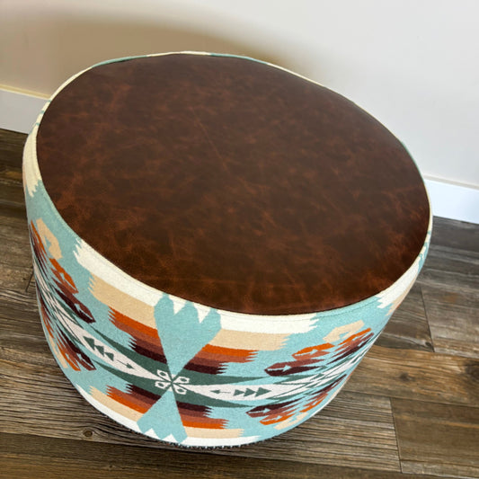Pendleton® Tucson Aqua Ottoman with Full Grain Leather &amp; Wooden Legs 