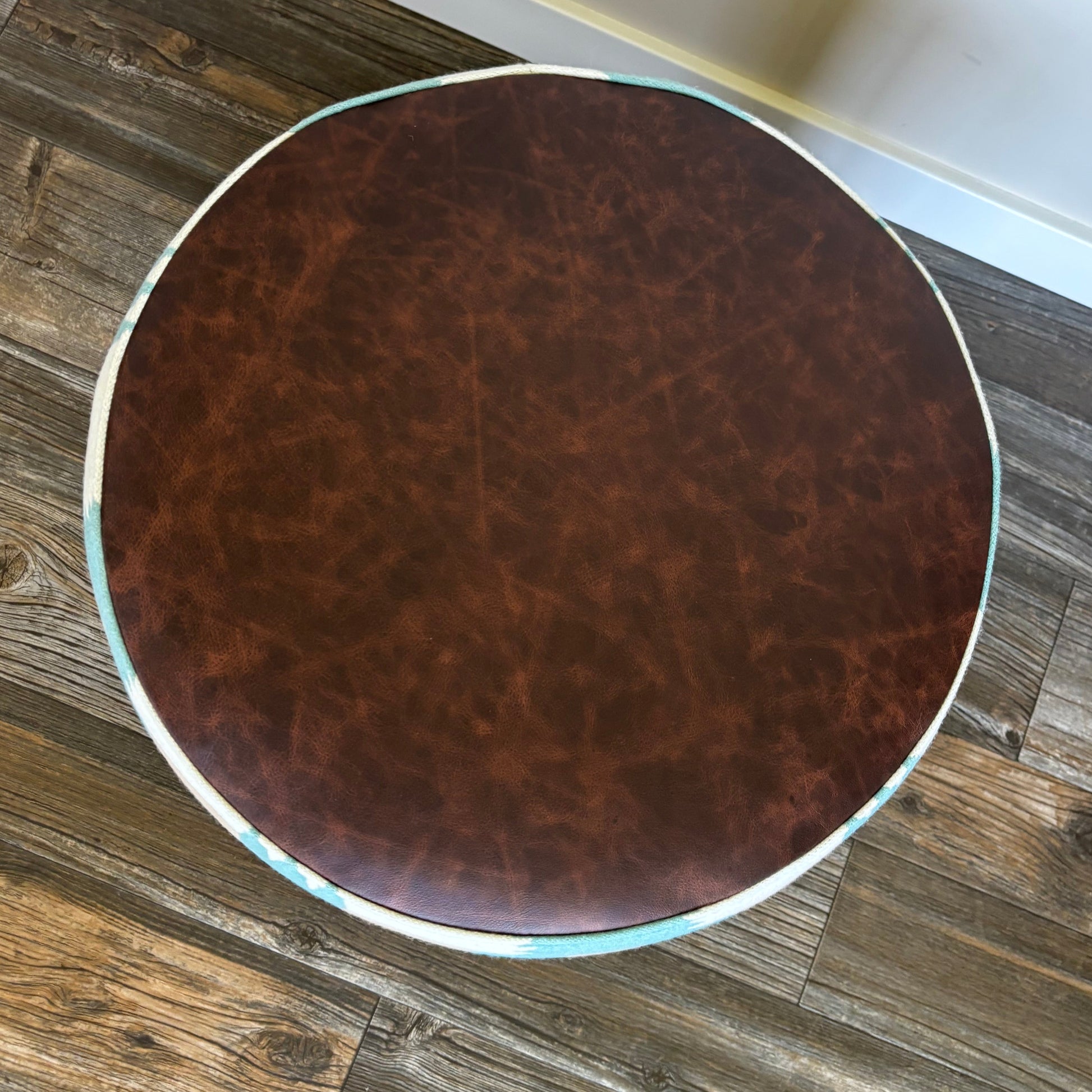 Pendleton® Tucson Aqua Ottoman with Full Grain Leather &amp; Wooden Legs 