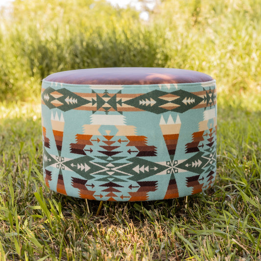 Pendleton® Tucson Aqua Ottoman with Full Grain Leather Top and Gold Hairpin Legs