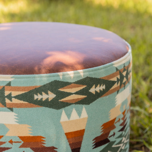 Pendleton® Tucson Aqua Ottoman with Full Grain Leather Top and Gold Hairpin Legs