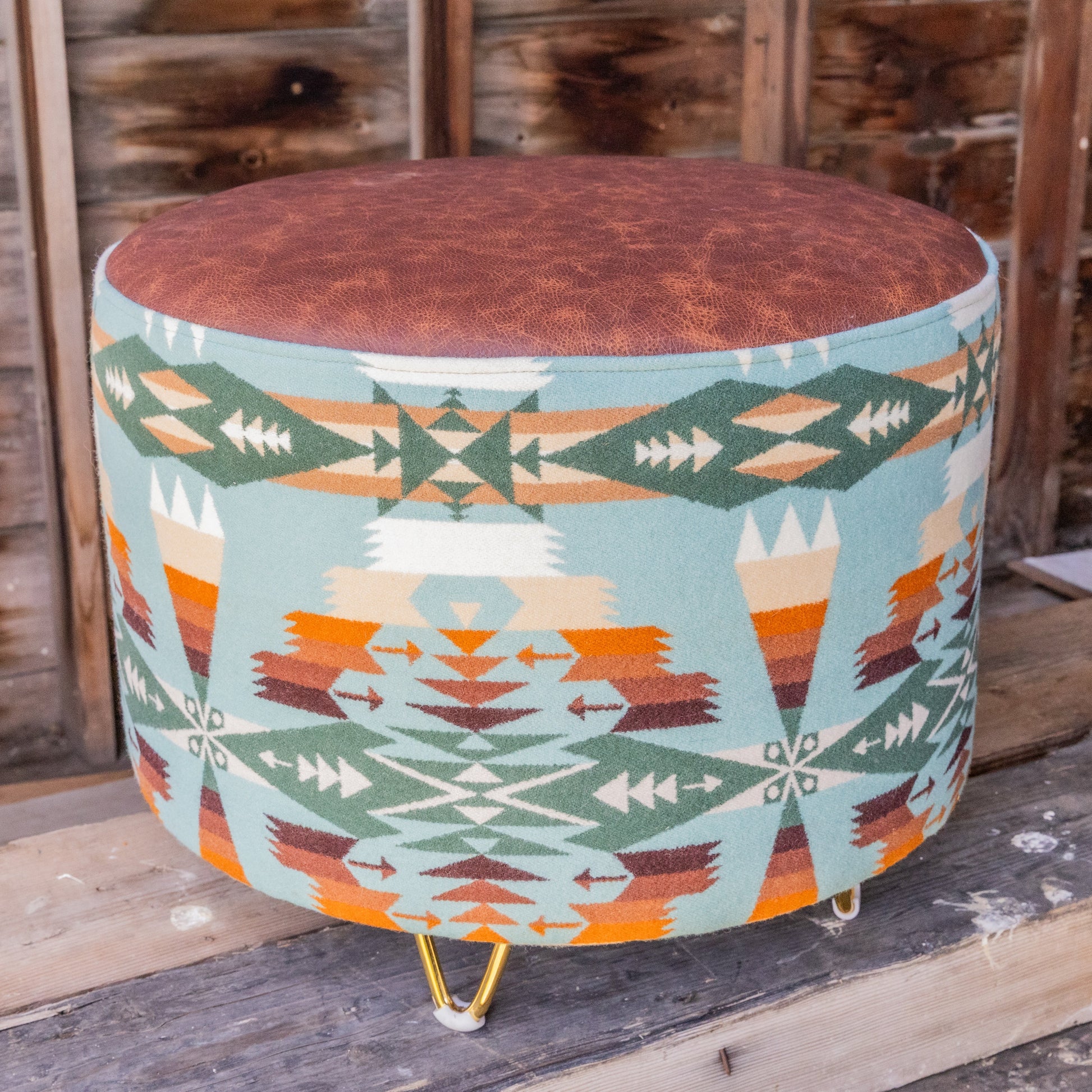 Pendleton® Tucson Aqua Ottoman with Full Grain Leather Top and Gold Hairpin Legs