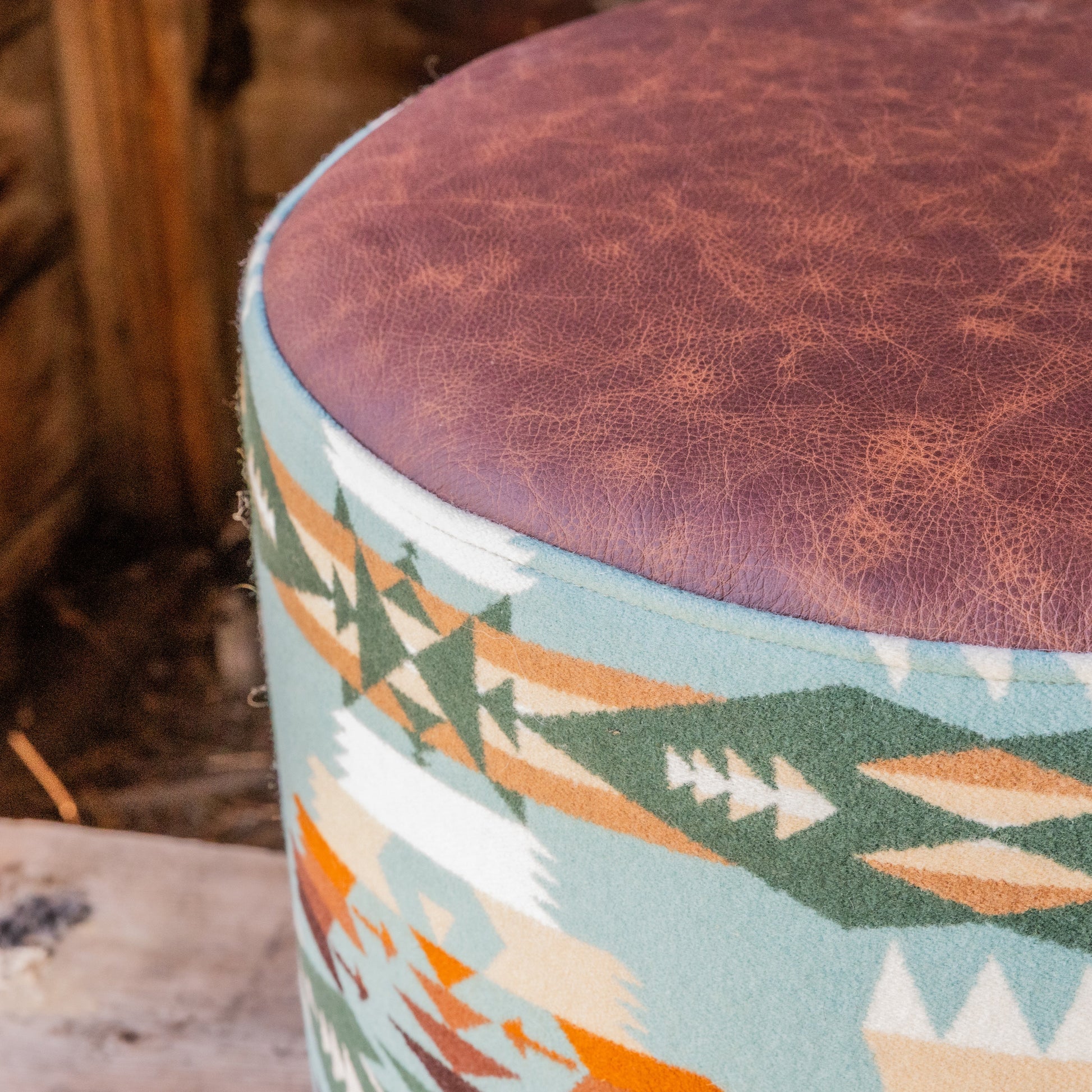 Pendleton® Tucson Aqua Ottoman with Full Grain Leather Top and Gold Hairpin Legs