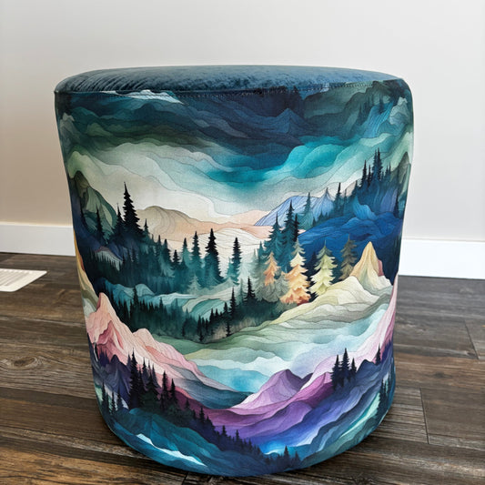 The Mountains Are Calling – One-of-a-Kind Round Ottoman with Velvet Top