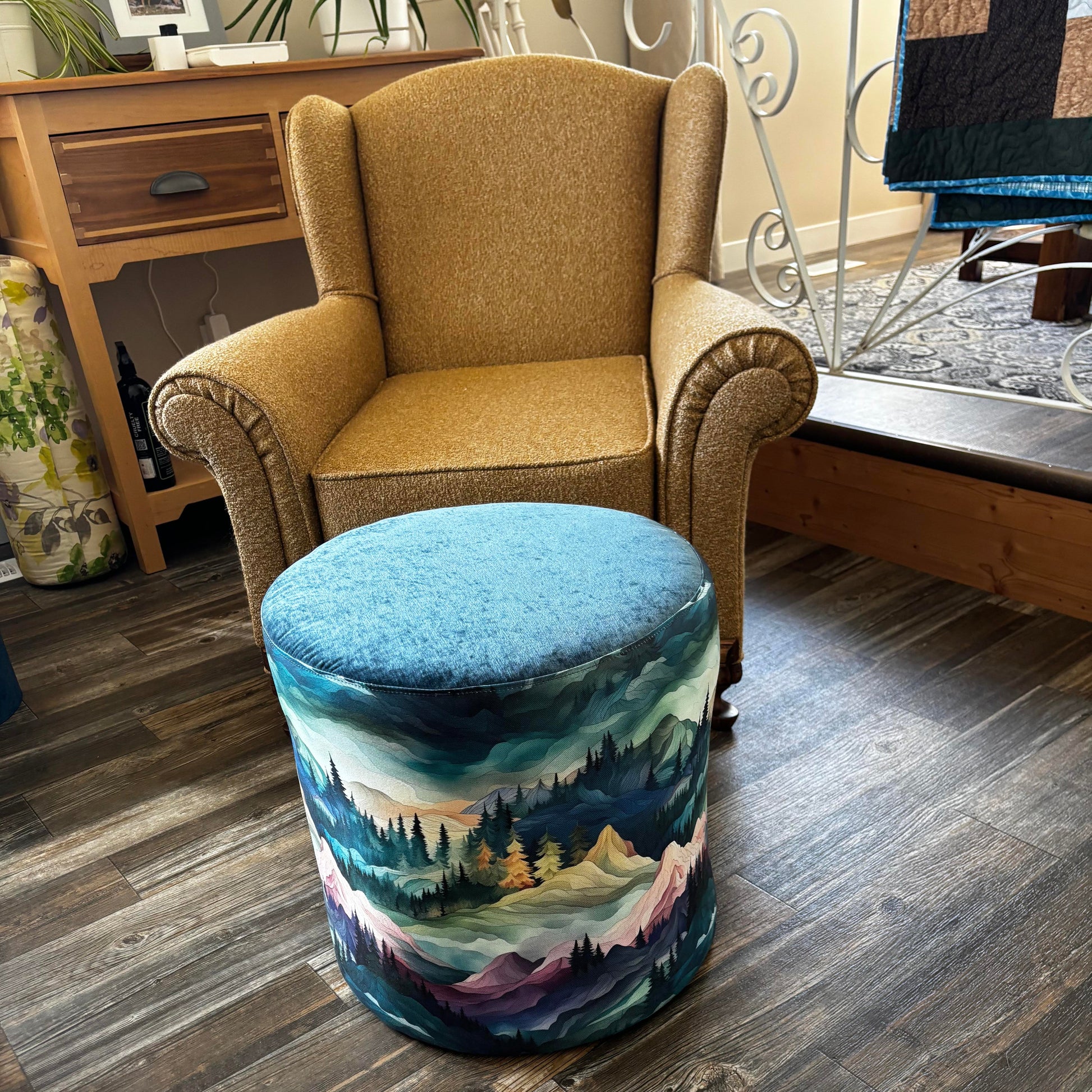 The Mountains Are Calling – One-of-a-Kind Round Ottoman with Velvet Top