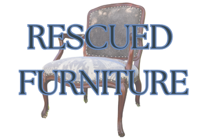 Thumbnail showing reupholstered chair with the phrase rescued furniture