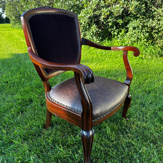 Vintage Velvet & Full Grain Leather Armchair