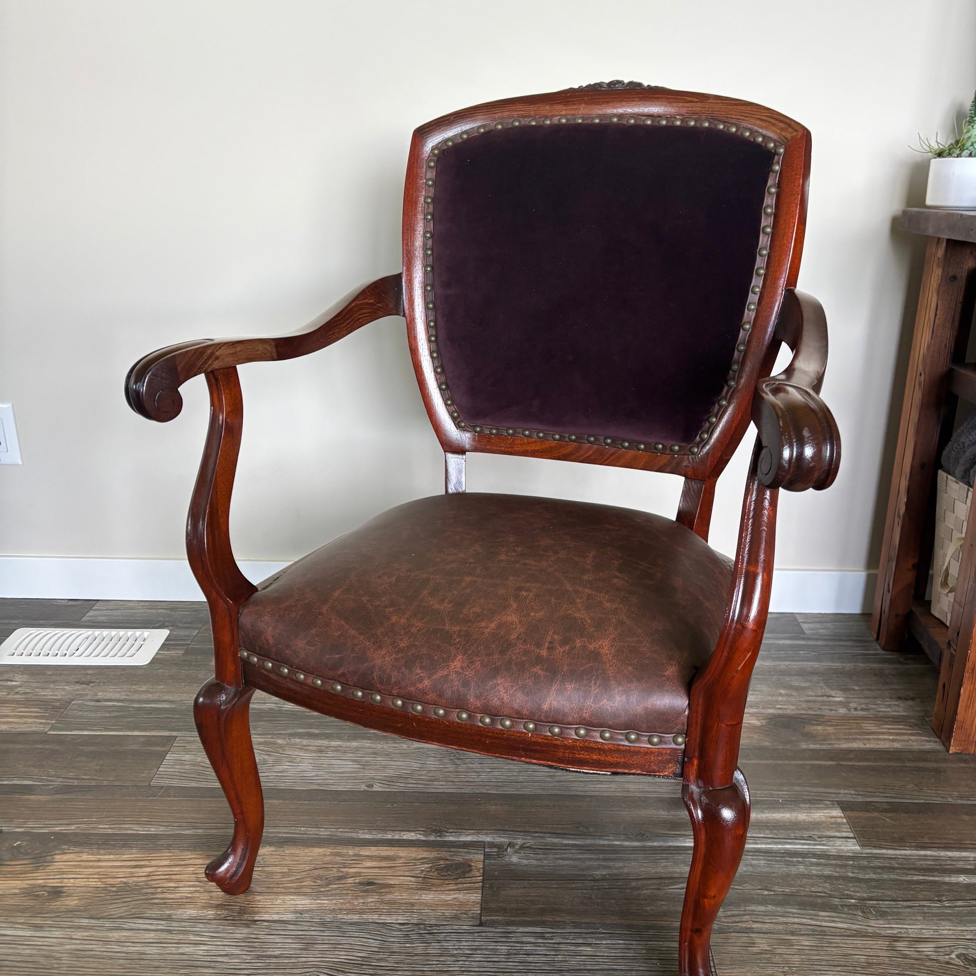 Vintage Velvet & Full Grain Leather Armchair 3