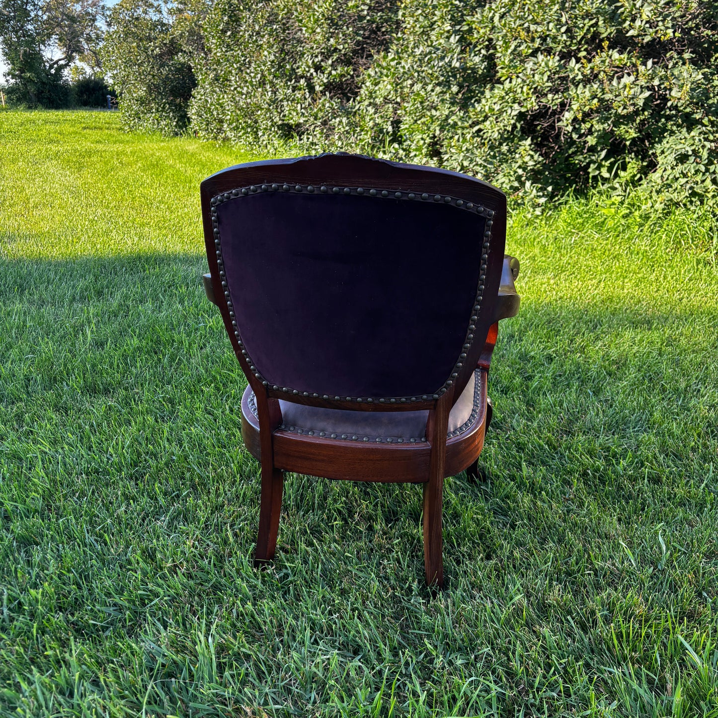 Vintage Velvet & Full Grain Leather Armchair Back