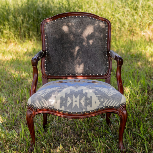 Vintage chair with Pendleton Seat in a grassy outdoor setting