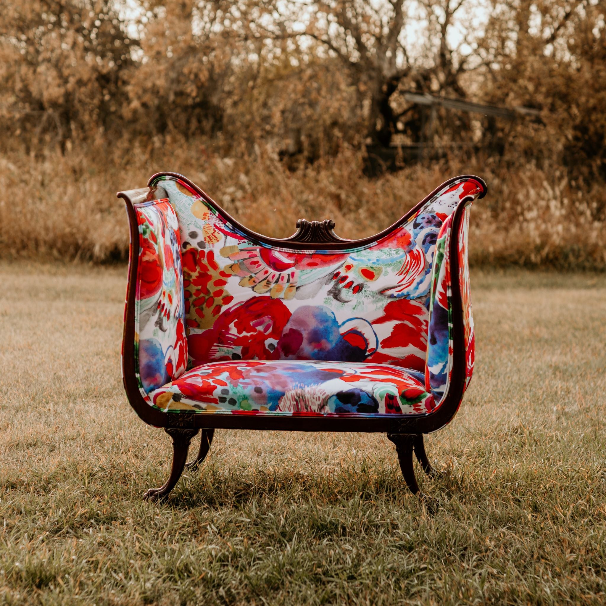 blue dog fabrics past piece bold red fabric settee