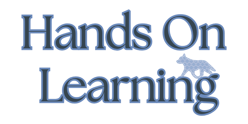 hands on learning text with blue dog logo in bottom corner