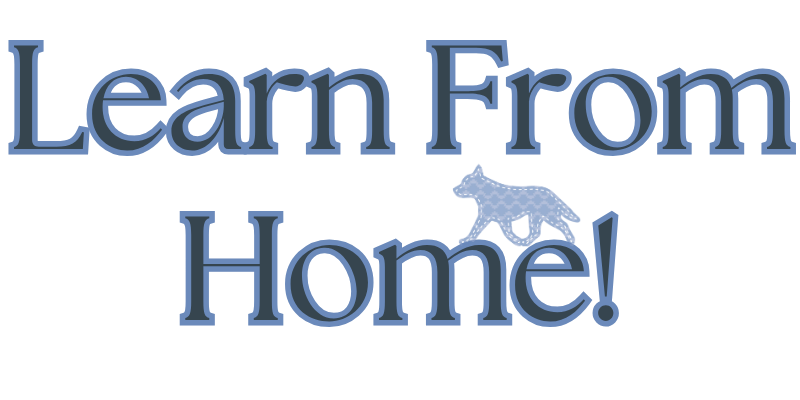 learn from home text with blue dog logo in bottom corner