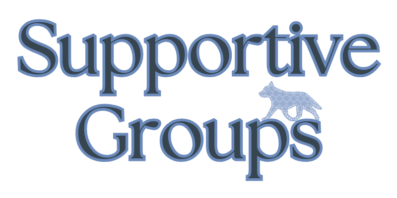 supportive groups text with blue dog logo in bottom corner